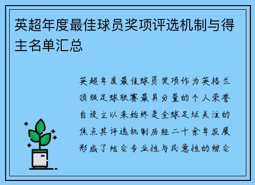 英超年度最佳球员奖项评选机制与得主名单汇总