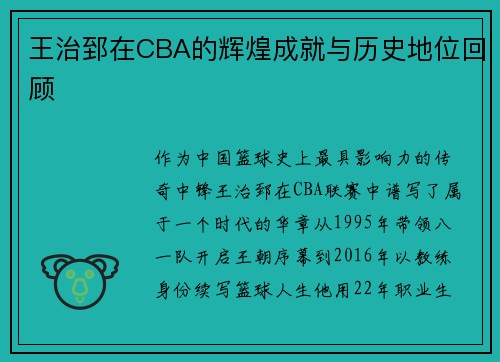 王治郅在CBA的辉煌成就与历史地位回顾